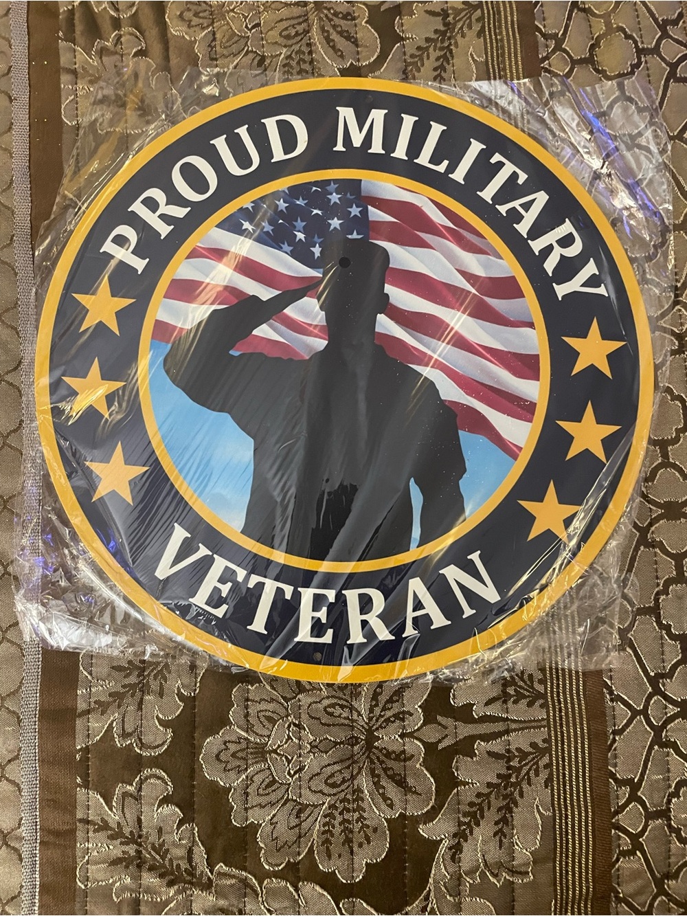 Proud Military Veteran Round Sign - Blue and Gold